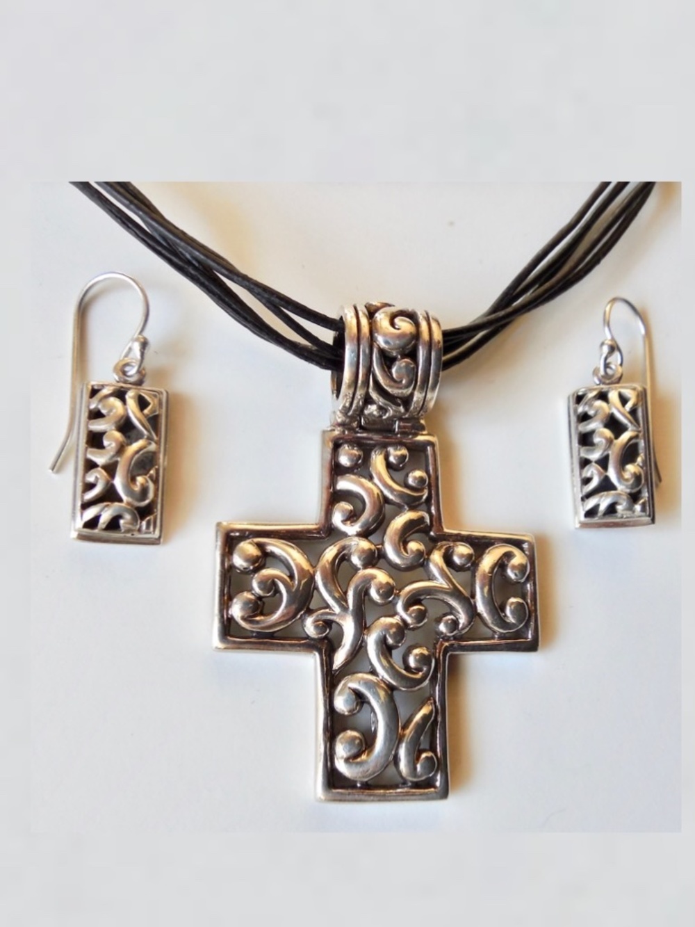 VINTAGE BARSE 925 Sterling Silver Scroll Cross Pendant Necklace & Earrings Set